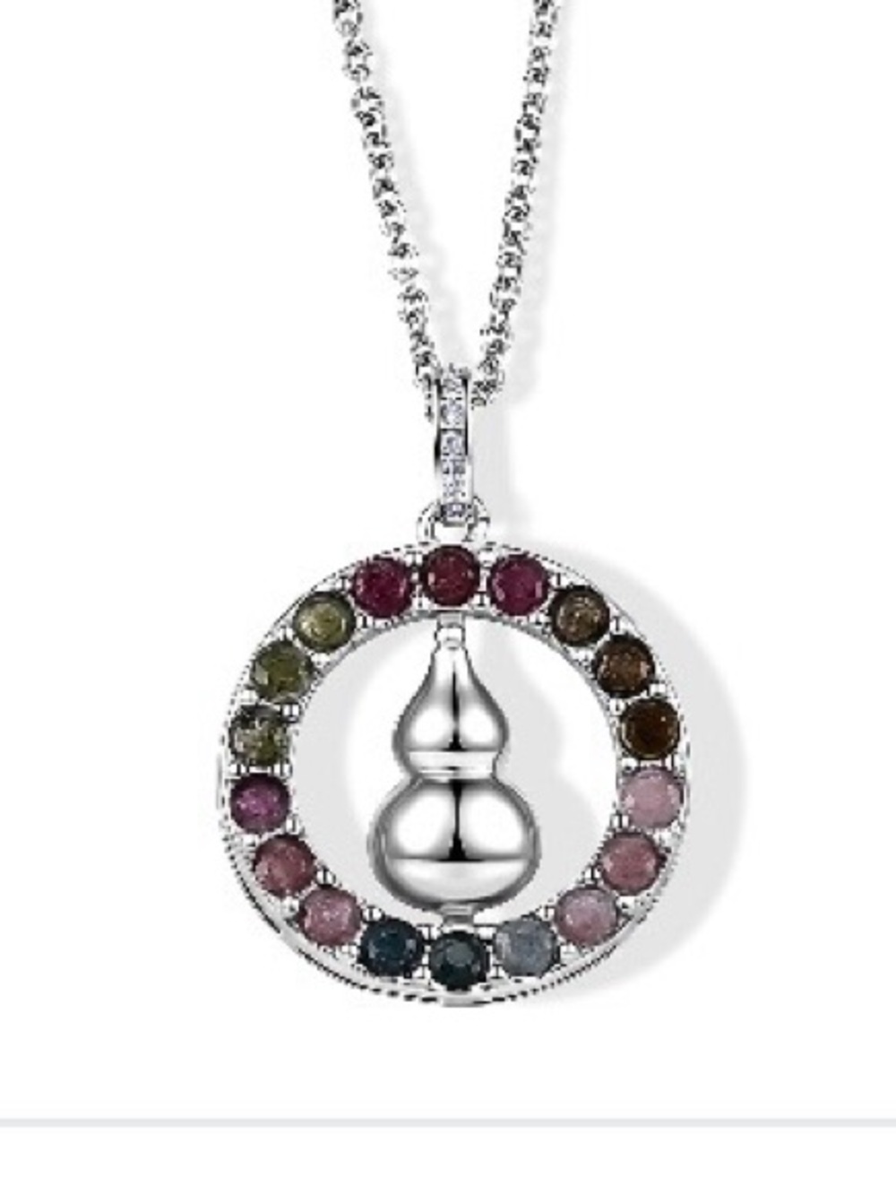 Multi-Tourmaline Multi-Color Round Pendant Necklace - Stainless Steel Chain